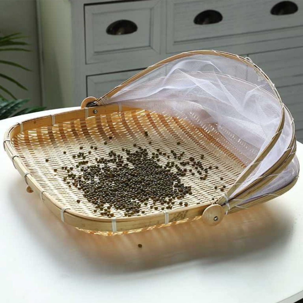 Bamboo Tent Basket Hand Woven Tray Anti Bug Food Fruit Container Net 