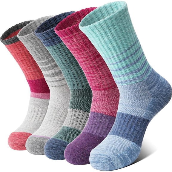 Fu997 Merino Wool Hiking Socks Thermal Warm Winter Cozy Cushioned Moisture Wicking Crew Socks for Women 5 Pairs