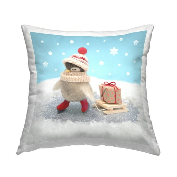 Stupell Industries Snowy Penguin Holiday Sled Gift Square Decorative Printed Throw Pillow, 18 x 18,