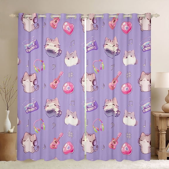 Feelyou Kawaii Music Cat Black Out Curtains, Cartoon Guitar Curtains Pack of 2 (42x63 Each), Teens Kids Boys Girls Bedroom Curtains, Living Room Curtains Decor