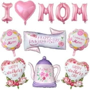 WEEKS 13Pcs Happy Mother's Day Foil Balloons, Pink 16" I Love Mom with Teapot Heart Shaped Flower Mylar Balloon for Mother's Day Best Mom Fairy Floral Theme Party Decorations