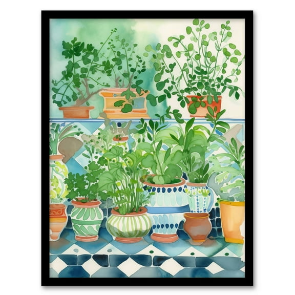 Fresh Herb Plant Pots on Tiled Shelves Folk Art Watercolour Painting Bright Kitchen Artwork Art Print Framed Poster Wall Decor 12x16 inch