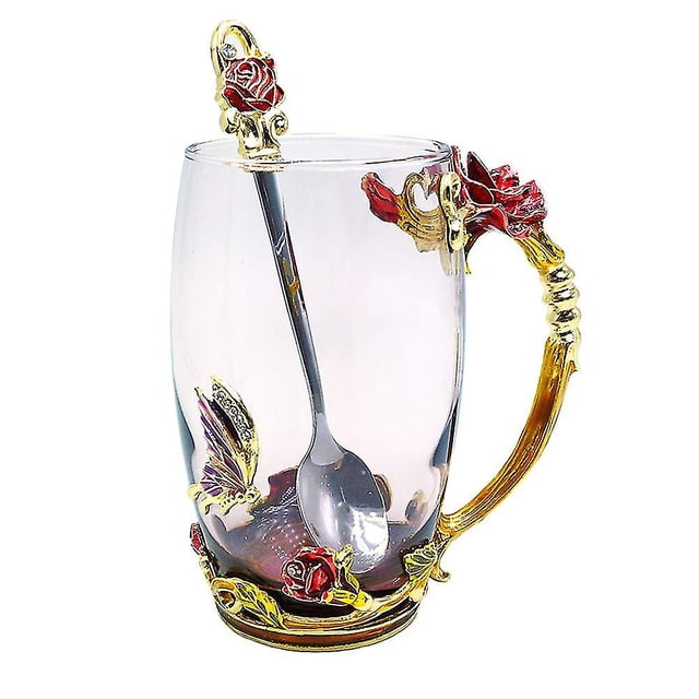 Juegos de tazas de té con diseño de mariposa y flores esmaltadas, tazas de café de vidrio