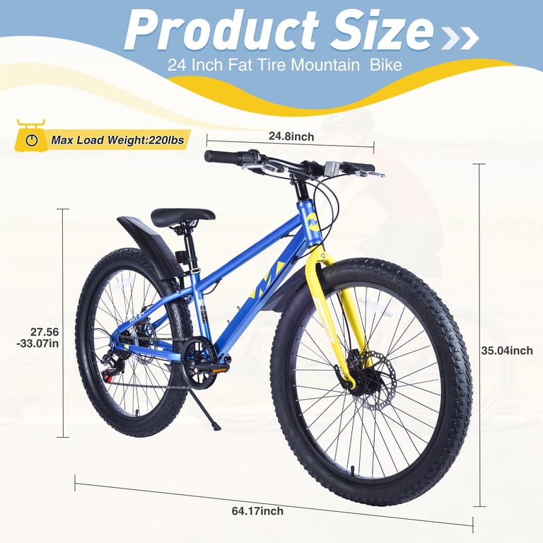 Zukka 24 inch Mountain Bike Fat Tire 7 Speed Hardtail Dual Disc