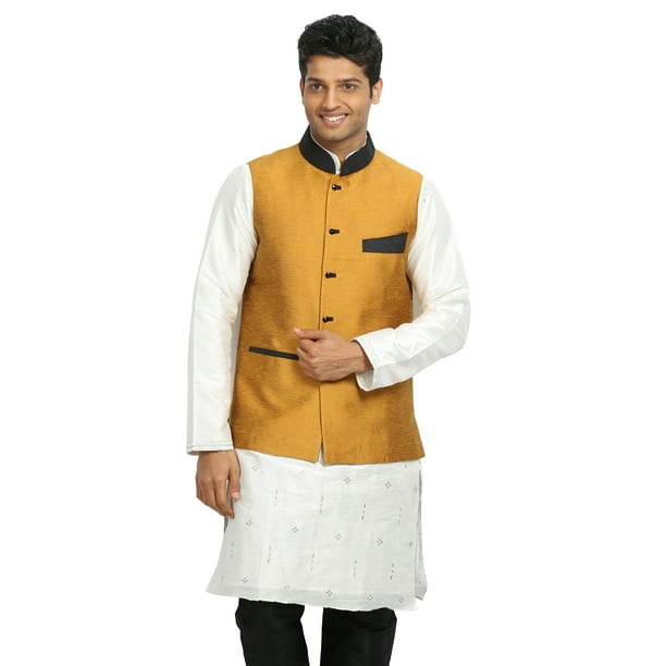 Saris and Things Gold Yellow Nehru Jacket for Men. This product is