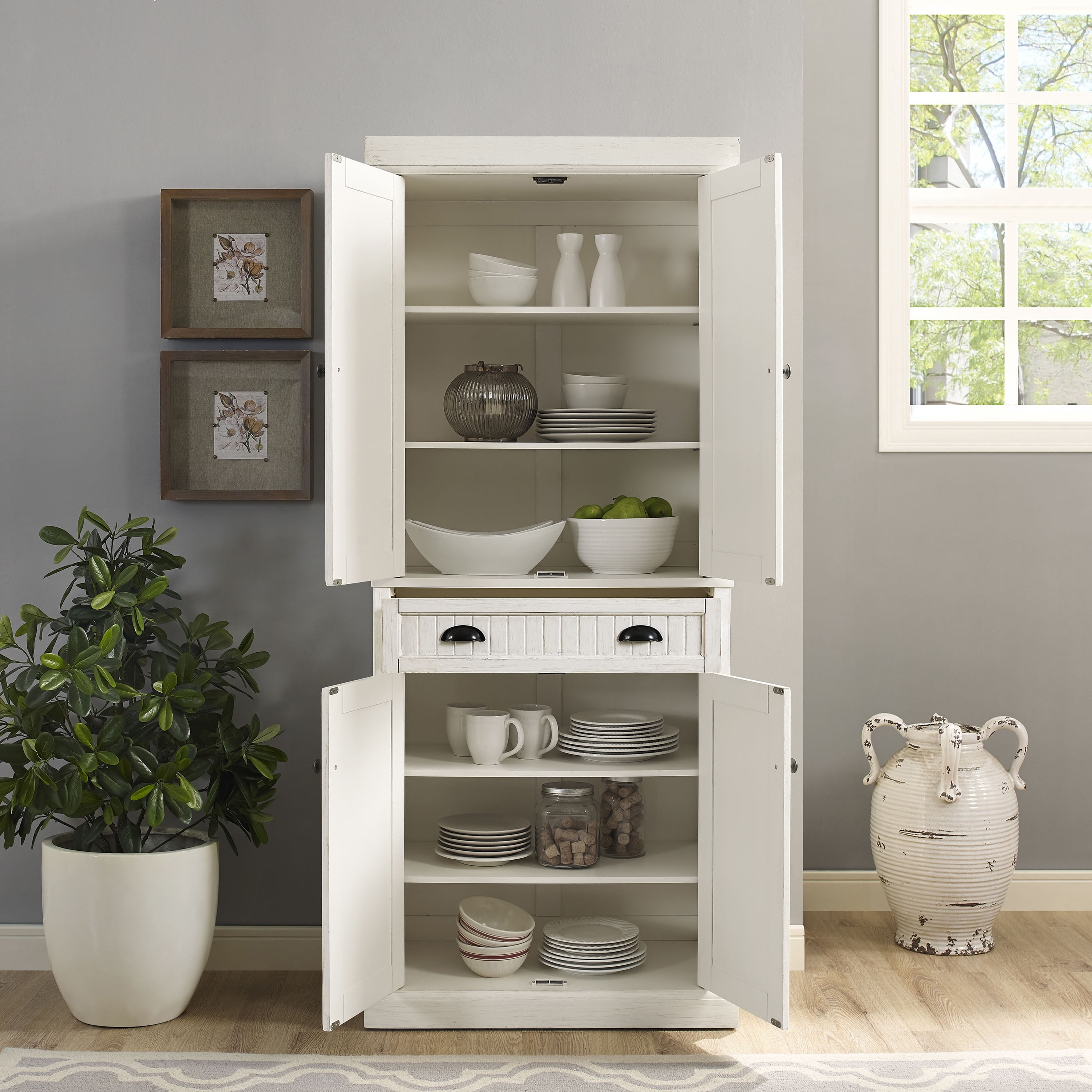 Crosley Furniture Seaside Coastal Pantry Storage Cabinet with Shelves, Kitchen, Dining, or Laundry Room