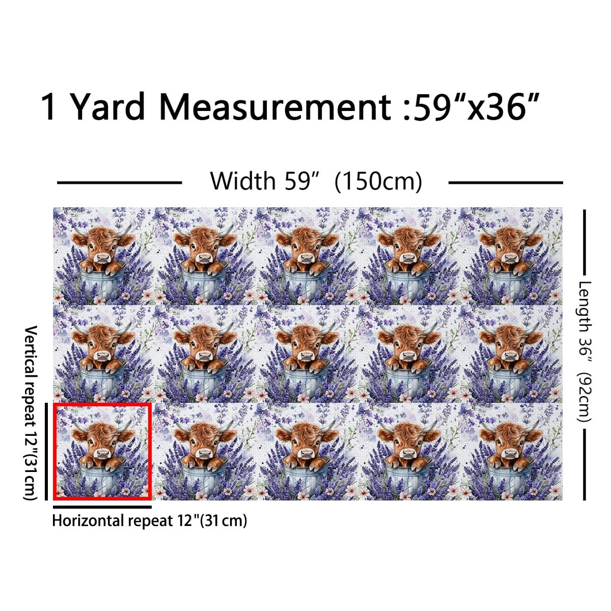 Homewish Purple Lavender Fabric by the Yard 3 Yard,Farm Highland Cattle Sewing Fabric,Rustic Flower Floral Room Decor Fabric by the Yard For Girl Boys,Ultra Soft Home Decor