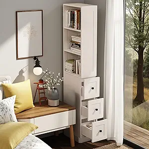 LAUSAINT HOME Tall Narrow Bathroom Storage Cabinet with Anti-Tip Kit, 3-Drawer Storage Organizer with 2 Adjustable Shelves for Laundry Room, Small Space (White)