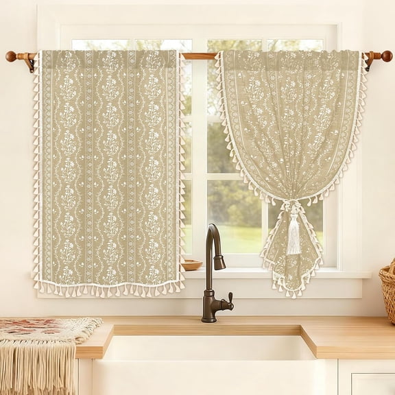 Boho Kitchen Curtains 36 Inch Length Vintage Linen Cafe Curtains Light Filtering Bohemian Floral Tier Rod Pocket Farmhouse Rustic Tassel Small Drapes with Tiebacks, 2 Panels, Natural