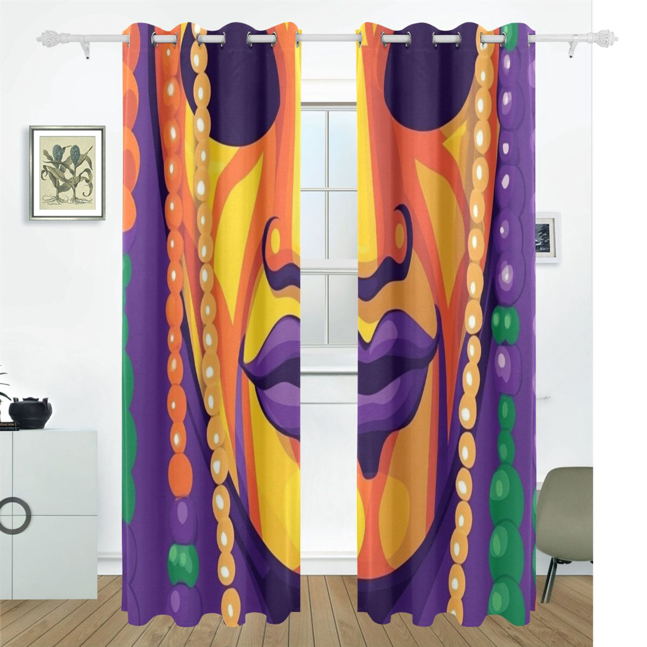 Mardi Gras Mask and Beads Blackout Curtains for Living Room Bedroom 55W x 72/84L Insulated Window Drapes 2 Panels