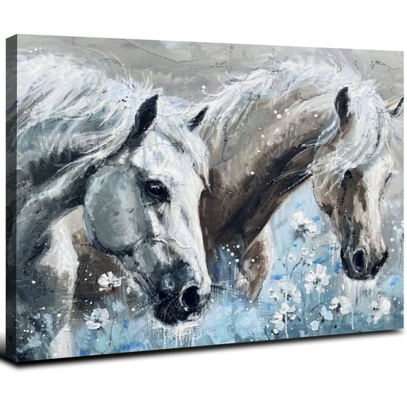 JRXY White Horse Wall Art Painting Romantic Animal with Navy Flower Picture Print on Canvas Moder Blue and Grey Artwork for Home Living Room Bedroom Decorations 20x16inch