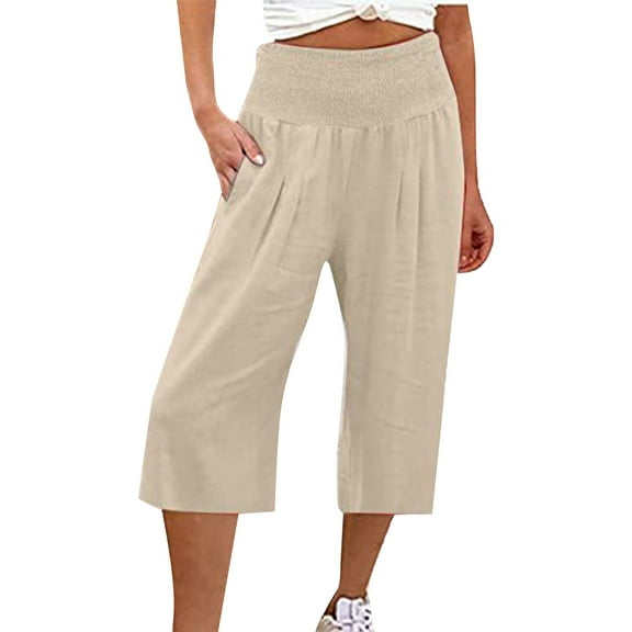 Outfmvch Linen Pants Women Pull On Elastic Drawstring Elastic Waist Palazzo Pants Capris Drawstring with Pockets Cotton Linen Pants Baggy Capris for Women Yoga Capris with Pockets Beige S-2XL