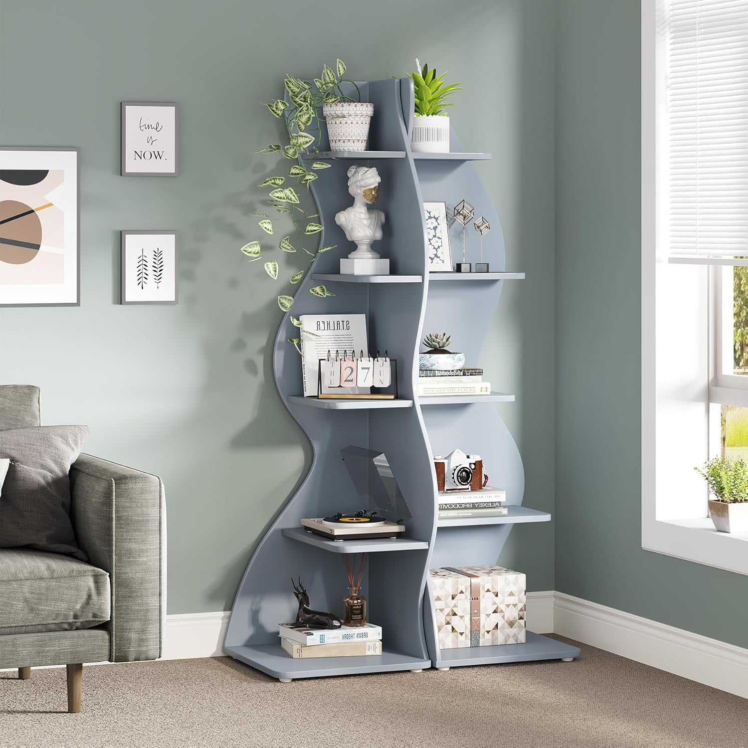 Tribesigns Small Corner Shelf, 5-Tier Modern Corner Bookcase for Small Space, Living Room (Blue)