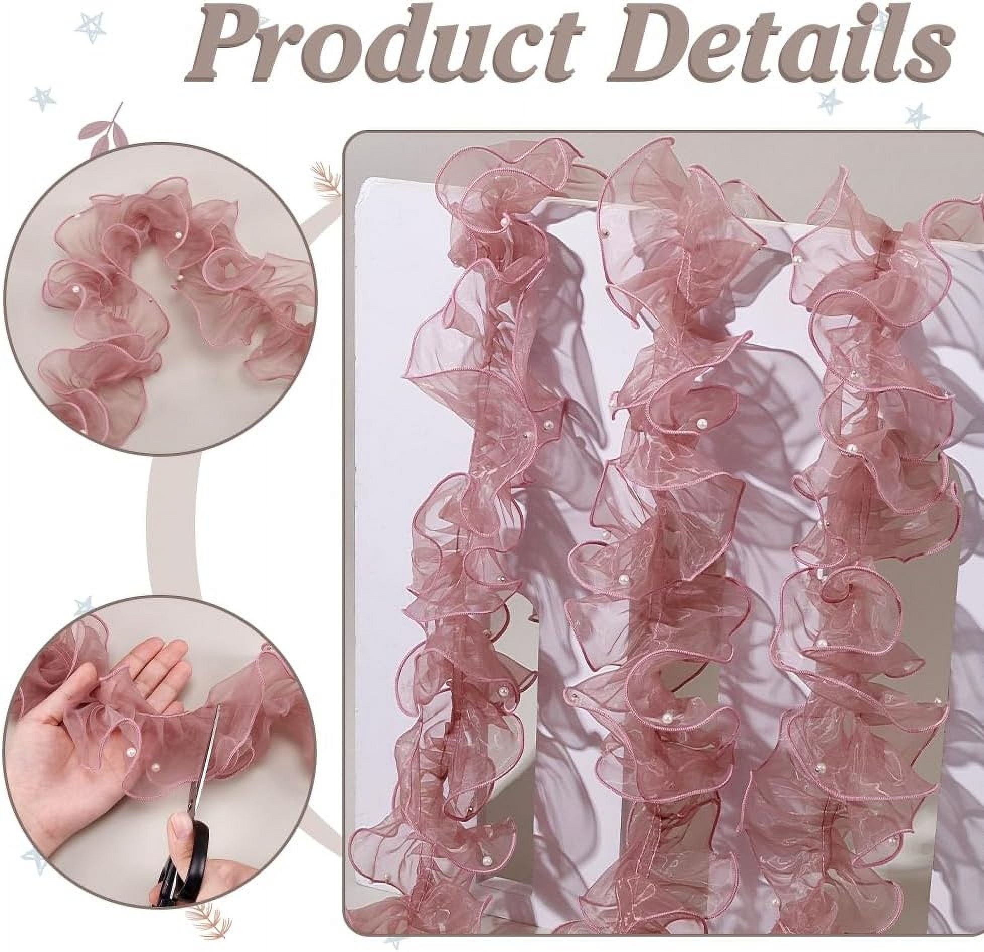 5 Yards Organza Lace Ruffled Fabric Trim with Beads for Applique Craft Wedding Dress Decor Pale Violet Red Color 4.9 in Wide 1set