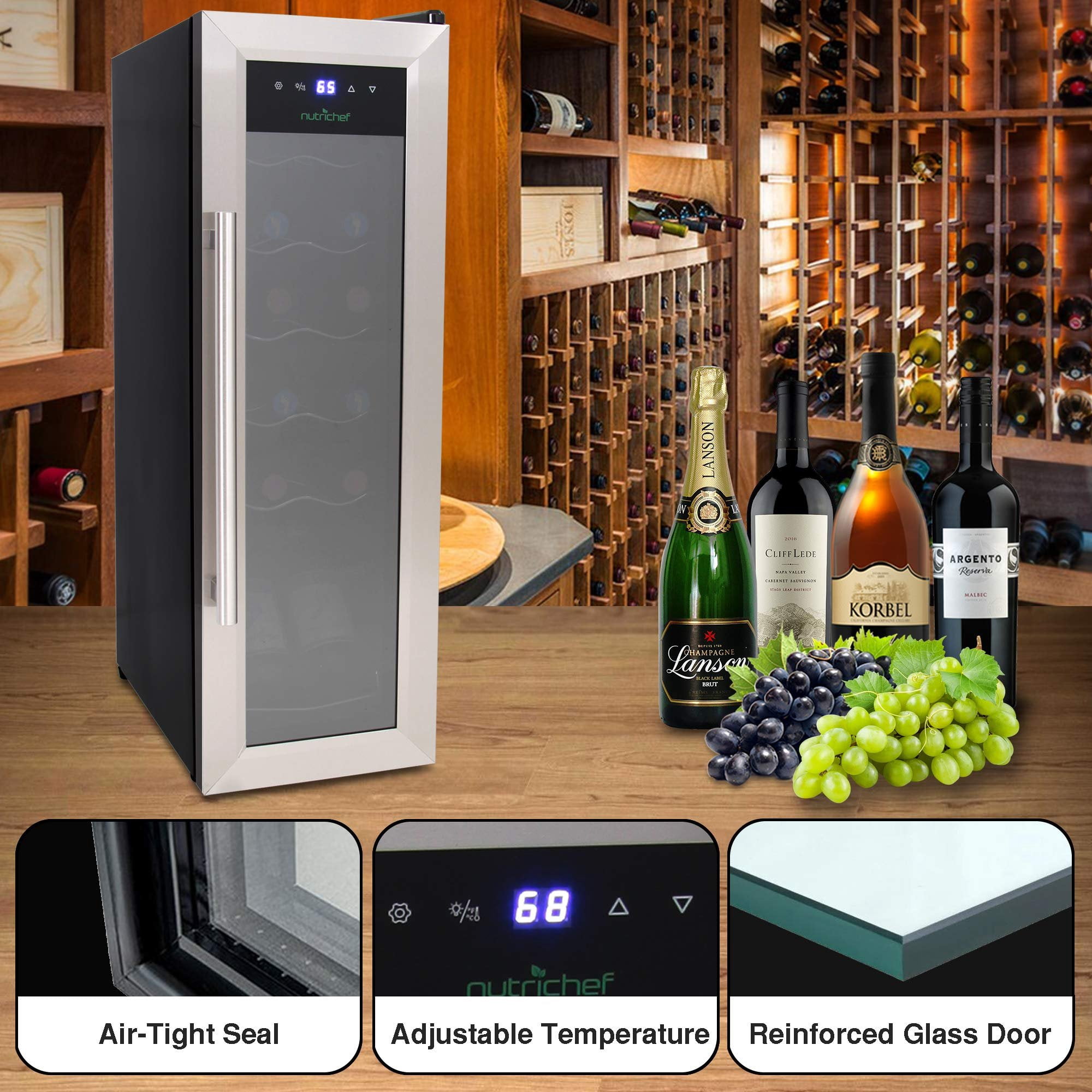 NutriChef PKCWC12 12 Bottle Cooler Refrigerator White and Red Countertop Chiller W/ Digital Control