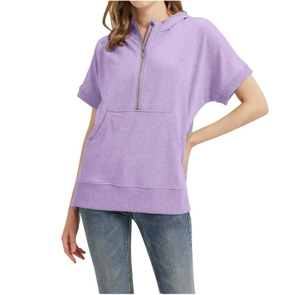 Krdevn Zip-Up Hoodie - Women's Casual Short Sleeve Pullover, Solid Color Lightweight for Summer, Size for S