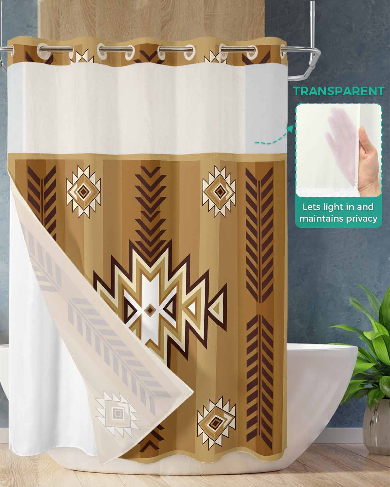 No Hook Shower Curtain with Snap in Liner, Boho Moroccan Brown Gradient Striped Geometric Hotel Shower Curtains for Bathroom, Washable Shower Curtain Liner Set with Mesh Top Window, 72”x78”
