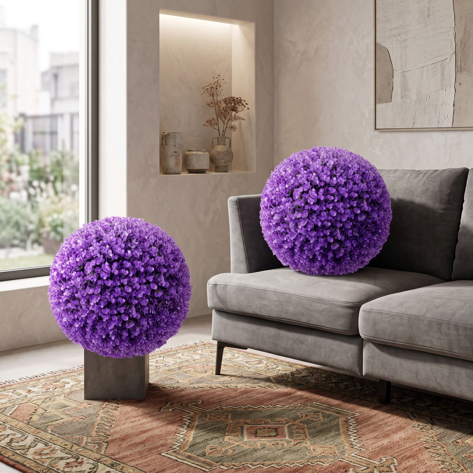 ALPULON 17.5 Inch Artificial Purple Boxwood Topiary Balls 2 Pack, 7-Layer Decorative Plant Spheres for Indoor Outdoor Garden Doorway Lawn, Purple