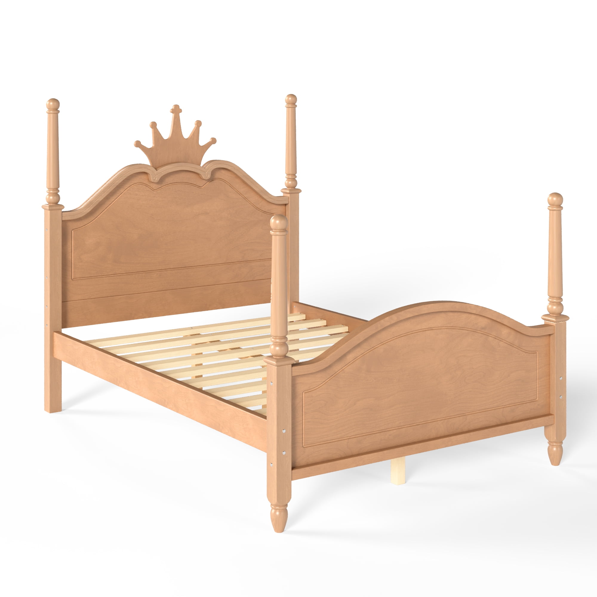 GARITIN Full Size Crown Shaped Platform Bed, Four Poster Wooden Bed Frame, Elegant Curved Headboard Bed Frame for Bedroom Guest Room, Natural
