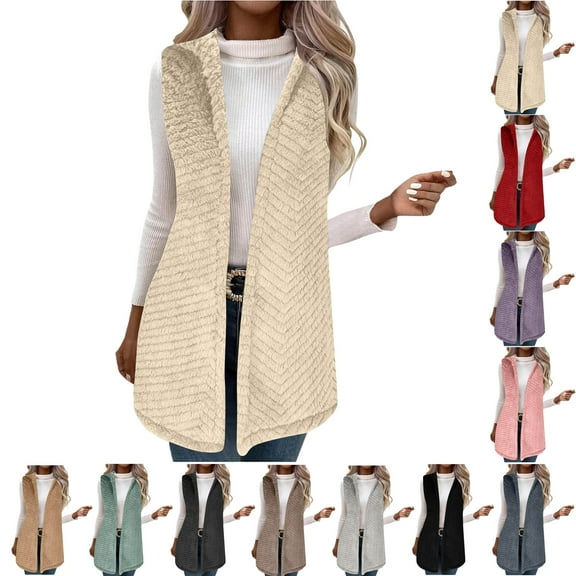 Fashion Women Solid Color Vest Sleeveless Open Front Long Cardigan Plus Size Flannel Coat Winter Warm Fuzzy Coat with Pockets Sleeveless Fleece Jacket Long Warm Winter Coat Outerwear