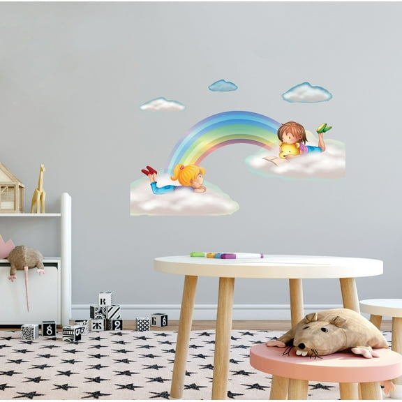 KIDS ROOM - Multicolored Rainbow Decoration Sticker Kids On Clouds Design Removable Vinyl Kids Bedroom Playroom Nursery Wall Decal 30" x 18"