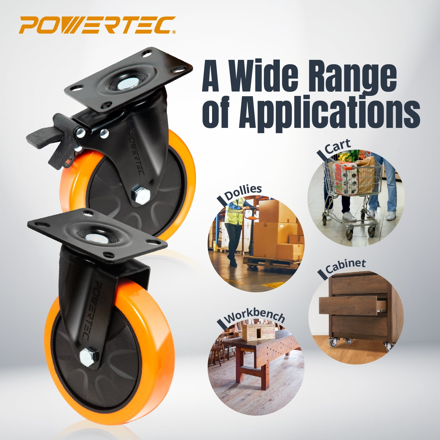 POWERTEC 6 inch Swivel Caster Wheels Set of 4 with Dual Locking Brake - 1390 lbs Loads Heavy Duty Industrial Grade - Ideal for Heavy Equipment, Automotive Workshop, Cart, Dolly and Workbench, 17216N
