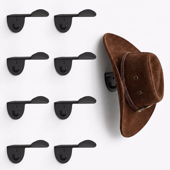 AIDAPLAY Cowboy Hat Rack, Wall Mount Hat Hooks, With Non-Slip Teeth And Key Holder, 8 Pack, Adhesive Or Screw Installation For Bedroom, Black