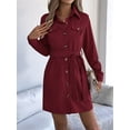 thumbnail image 4 of Women'S Collar V Neck Button Down Pleated Long Sleeve Mini Shirt Dress with Belt Wine Red S, 4 of 8