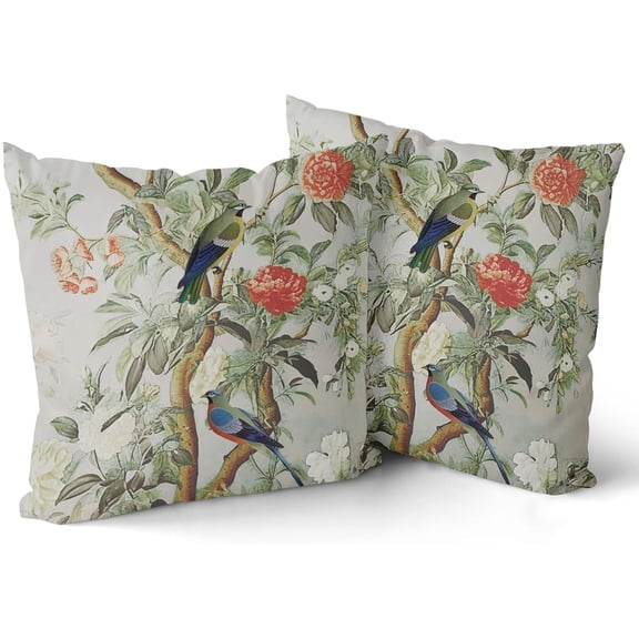 Vintage White and Grey Floral Throw Pillow Covers Chinoiserie Pillow Cover 18x18 Inch Flower Bird Decorative Outdoor Pillowcases Cushion Cover for Couch Sofa Bed Home Decor (Pack of 2)