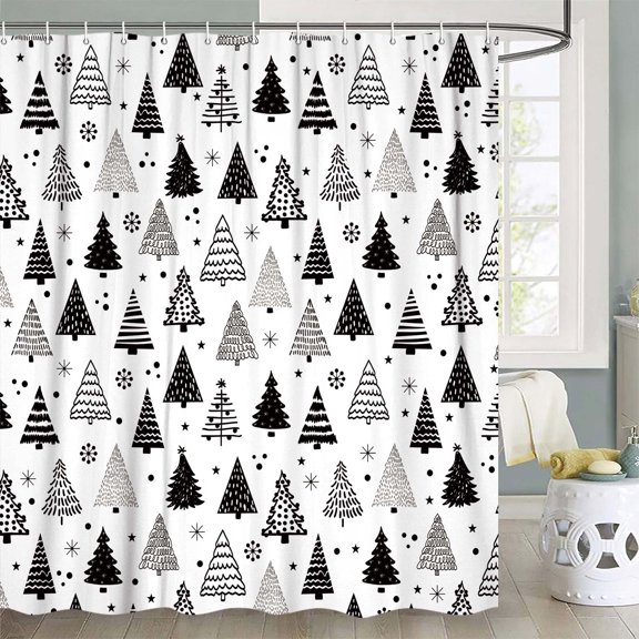 Merry Christmas Black and White Chrisrmas Tree Shower Curtain, Winter Xmas Pine Pattern Shower Curtain for Bathroom Decor New Year Holiday Decorative Fabric Bathroom Curtain 72x72in