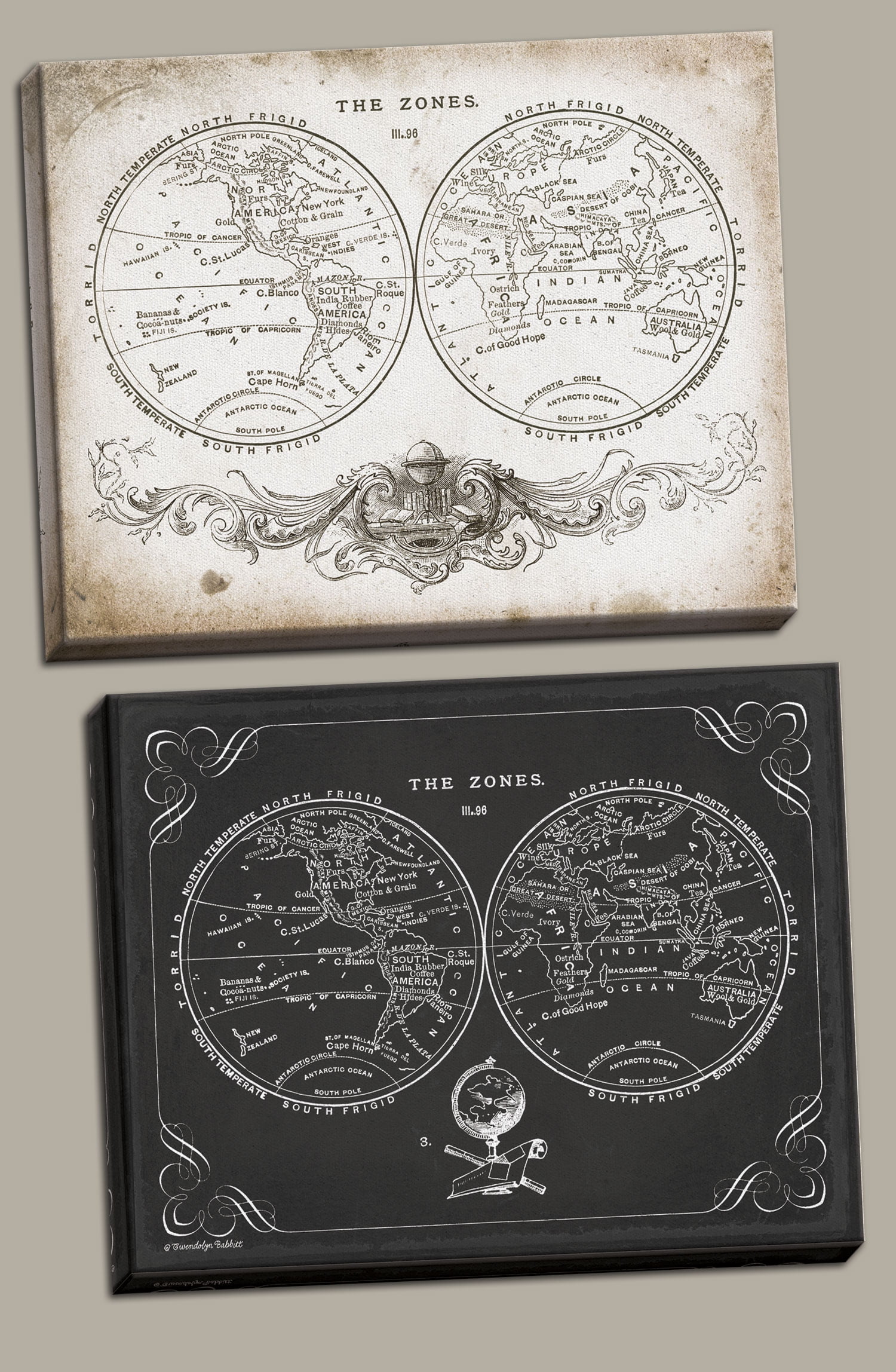 Classic Vintage Ephemera Style World Hempisphere Zone Maps; Two 20x16in