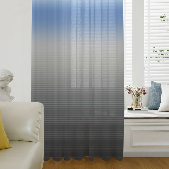 Blue Grey Ombre Semi Sheer Curtains Drapes for Living Room, Bedroom, French Doors Window 54 Inches Long, Modern Geometric Striped Abstract Art Rod Pocket Chiffon Curtain Drapery Voile Drape Panel
