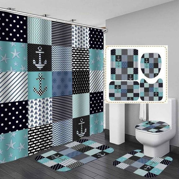 4PCS Coastal Sea Turtle Shower Curtain Sets with Rugs, Waterproof Fabric White Shower Curtain, Ocean Animal Fish Teal Coral Seaweed Blue Starfish Seashell Conch Nautical Beach Bathroom Decor