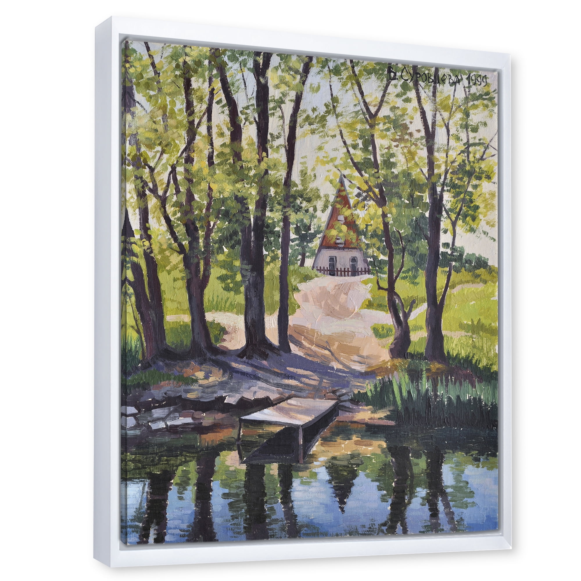 Designart 'Mysterious Countryside House By The River In The Woods' Lake House Framed Canvas Wall Art Print