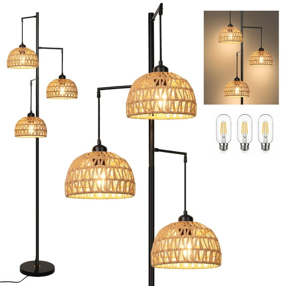 SERBASIC Boho floor lamp with Rattan Lampshades and Sturdy Metal Base for Living room, 3 Lights Industrial Farmhouse Standing Tall Lamp for Bedroom, Wicker Rustic Floor Lamp with 3 PCS Bulbs