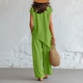 thumbnail image 4 of NMMUED 2 Piece Outfits for Women Asymmetrical Hem Short Sleeve Button Top Wide Leg Pants Set Casual Summer Lounge Matching Suits Green L, 4 of 6