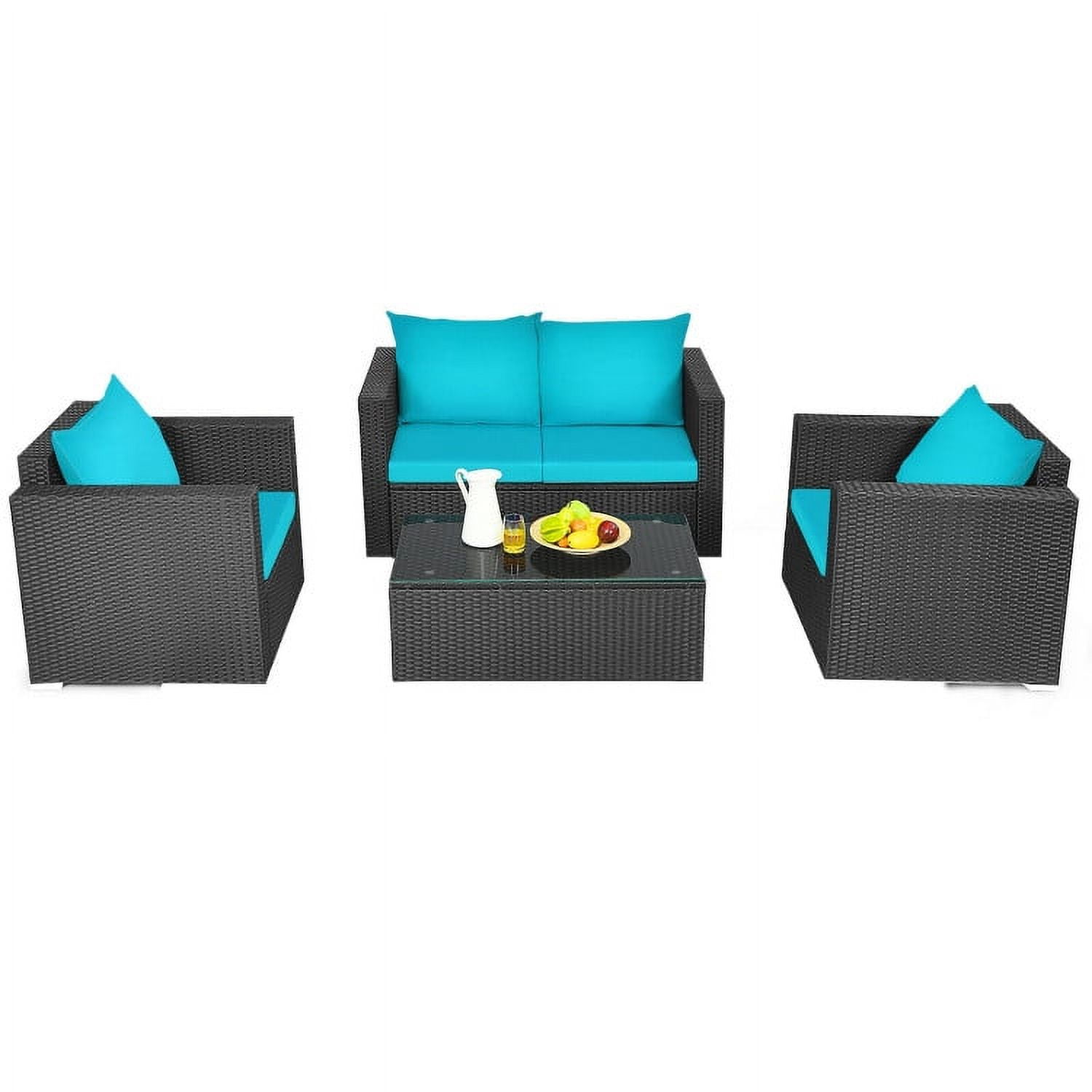 Aimee Lii 4 Pieces Patio Rattan Conversation Set, Small Patio Set with Padded Cushion and Tempered Glass Coffee Table, Turquoise Aimee Lii 4 Pieces Patio Rattan Conversation Set, Small Patio Set with Padded Cushion and Tempered Glass Coffee Table, Turquoise