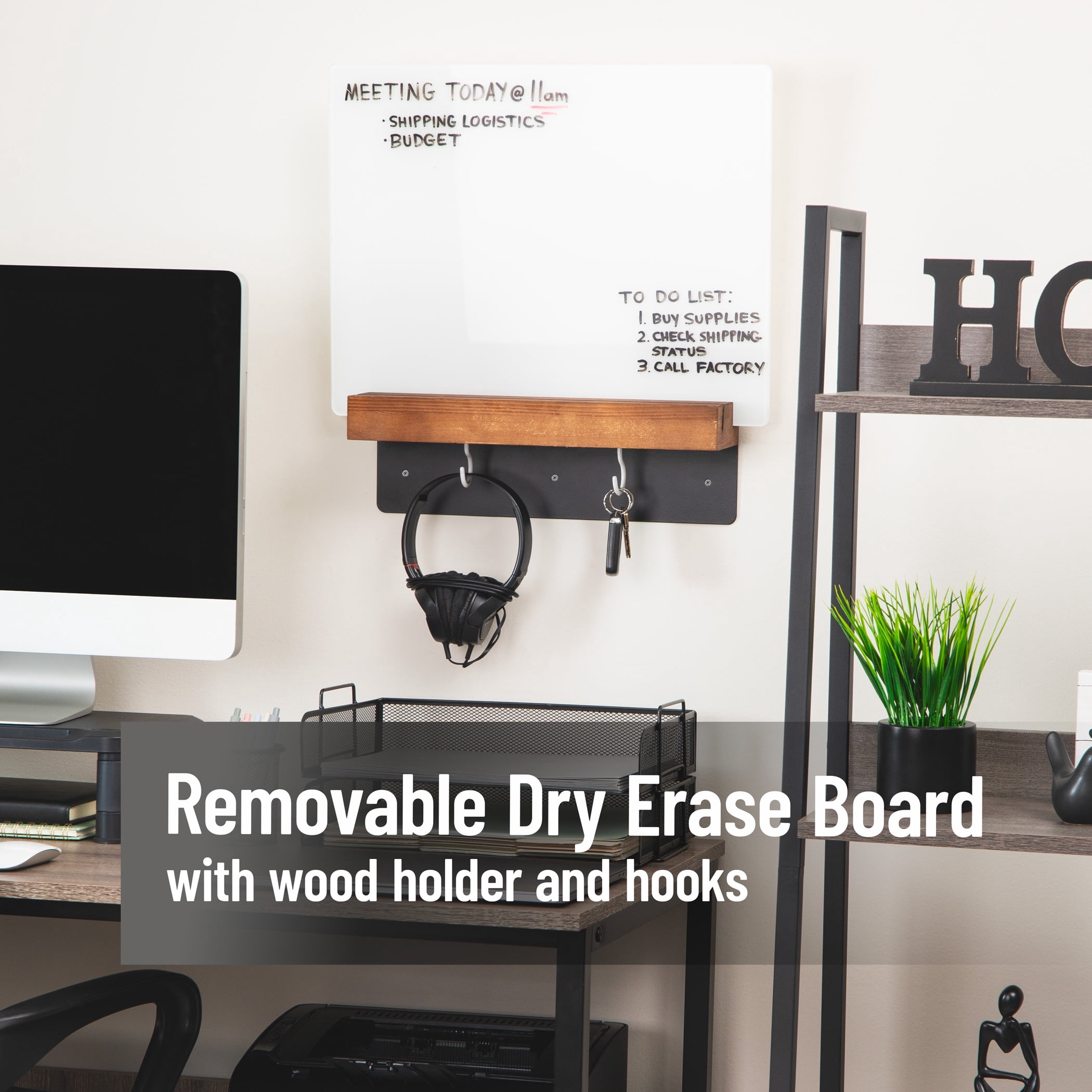 Mind Reader Whiteboard Message Center, Glass Dry Erase Board with Wood Holder and Hooks, Removable Whiteboard for Office or Home, Wall Mounted, 18" x 14"