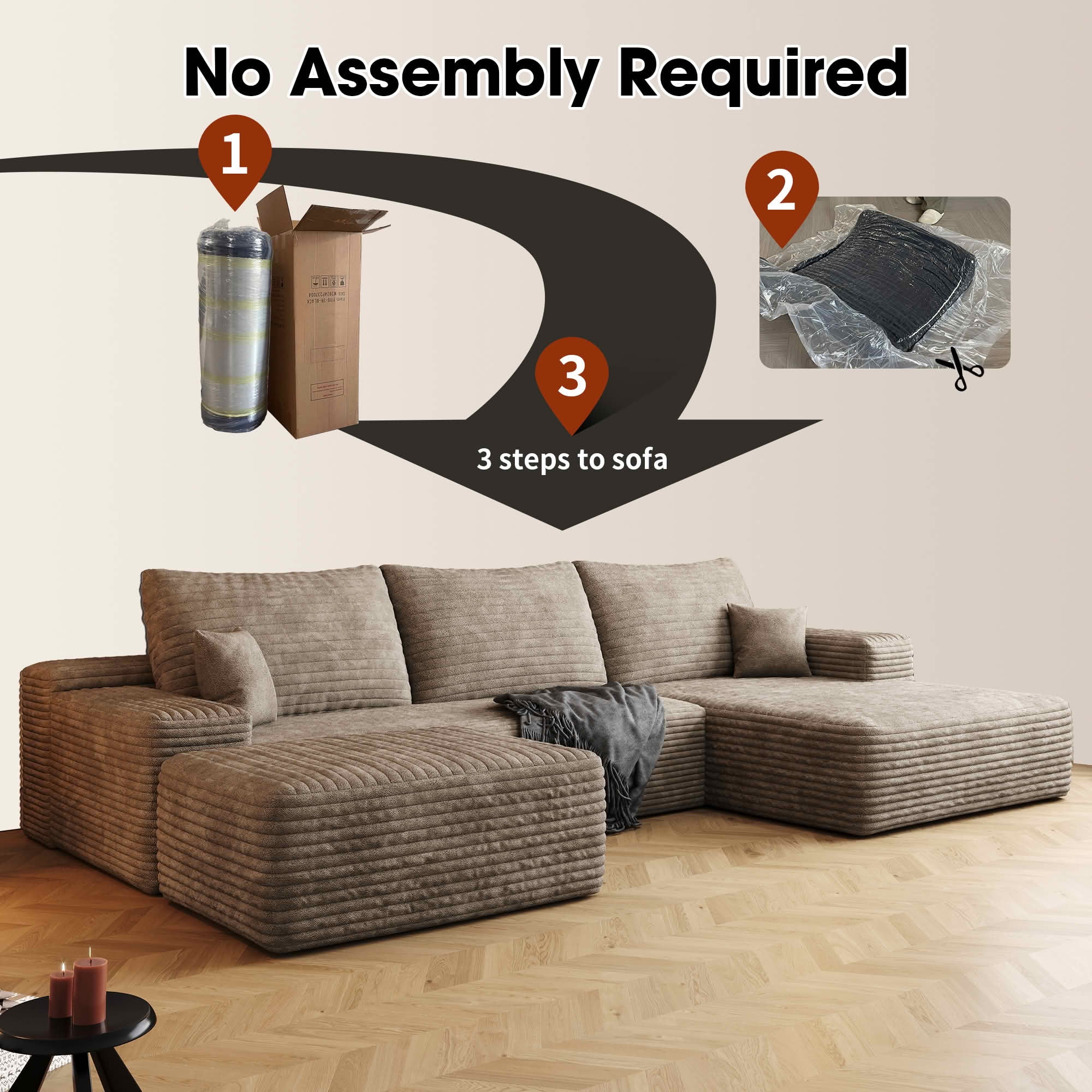 MAYEERTY 107 Inch U‑Shaped Cloud Modular Sectional Sofa with 1 Ottoman, Modern Deep‑Seat Corner Couch, Plush Corduroy Reversible Sofa, No‑Assembly for Living Room Bedroom Apartment
