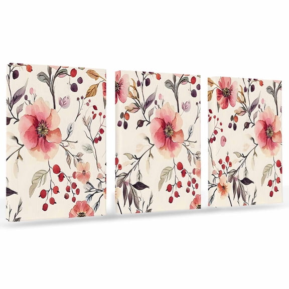 Vintage Red Flowers Canvas Wall Art 3 Panels, Pastoral Branch Framed Wall Decor Modern Artwork Prints Painting for Living Room, Bedroom, Kitchen & Cafe Decor 20" x 24"
