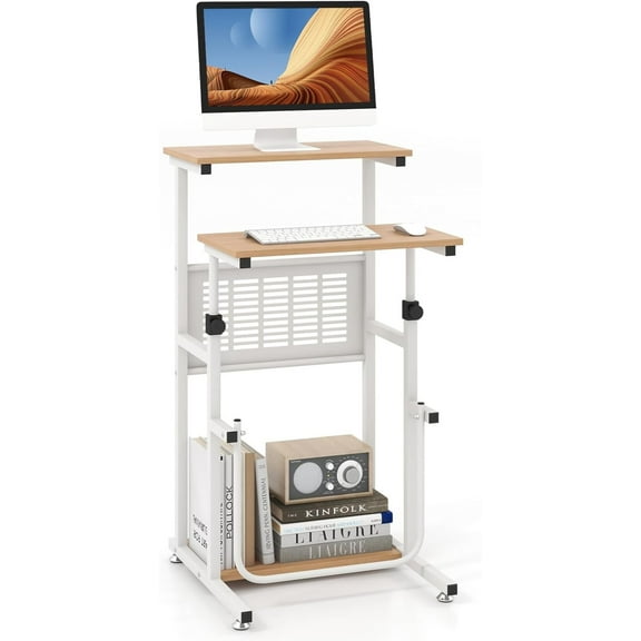 DYJP Small Standing Desk, Height Adjustable Teacher Podium Stand, Compact Standing Table Lectern Podium, Laptop Desk with Footrest, Suitable for Sitting or Standing