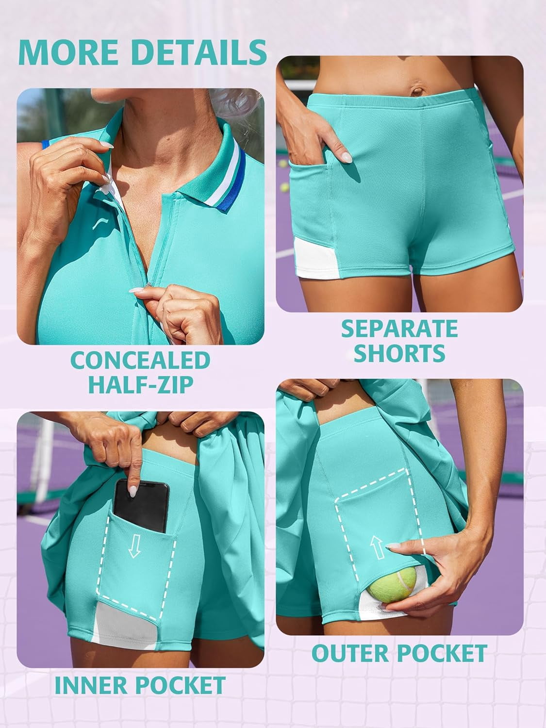 ALove Womens Tennis Outfit Academic Style Tennis Dresses Ribbed Polo Tennis Dress Half Zip Pleated Workout Dress with Built in Shorts and Bra