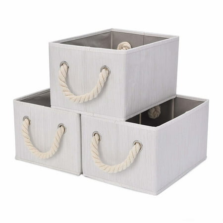 Metal Storage Baskets Home Organization StorageWorks Foldable Storage Basket, 3-Pack, Large, White, Bamboo Style, Cotton Rope Handle ()