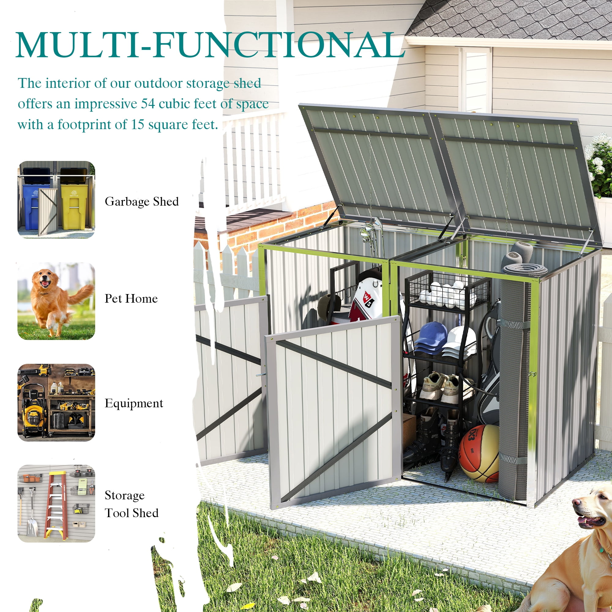 Aukfa 5.3 FT x 4 FT Outdoor Horizontal Garbage Bin Shed for 2 Trash Cans, Metal Trash Can Storage Shed with Lid Lift Chains & Hydraulic Support for Backyard Garden Lawn, Light Gray