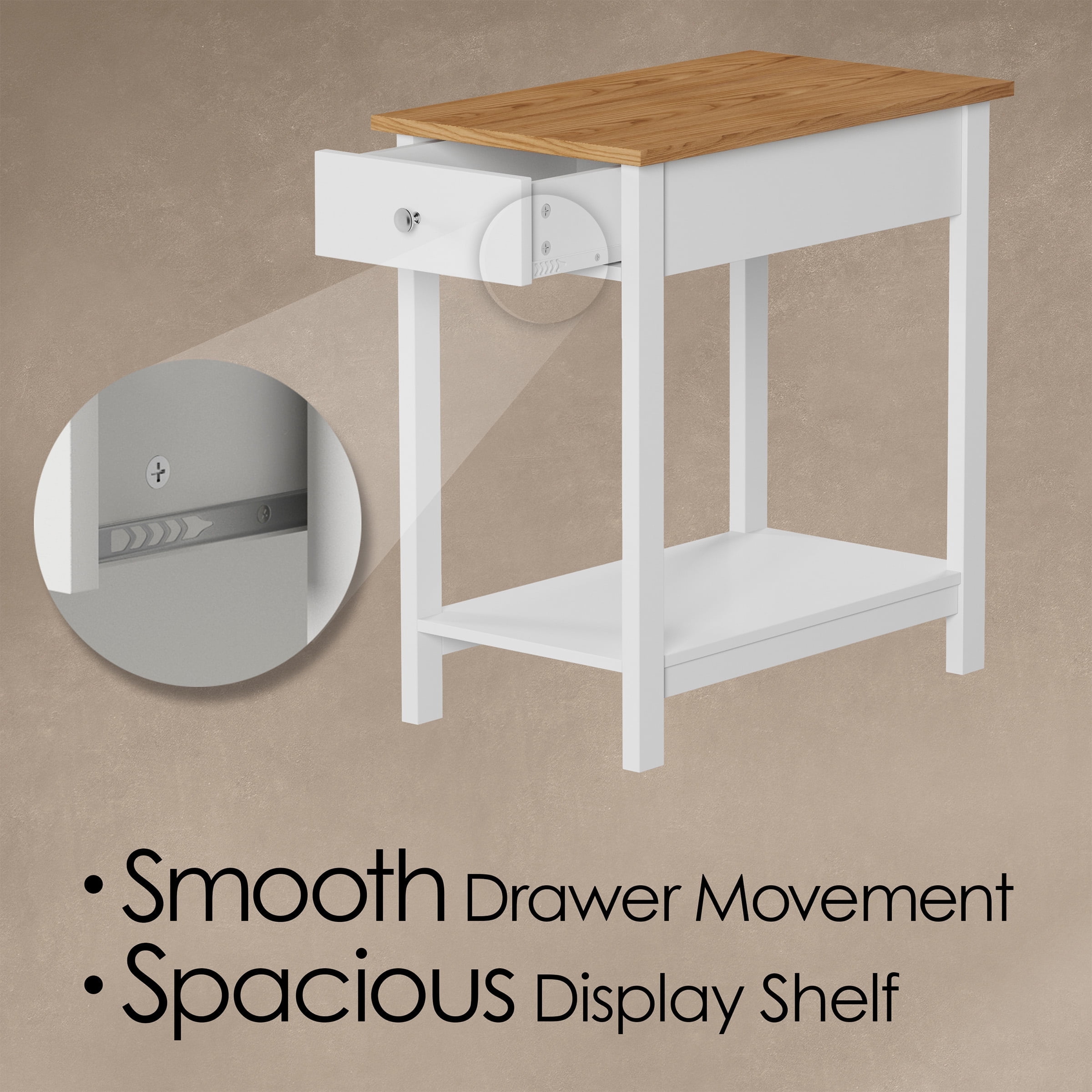 Lavish Home Small Side Table - Slim Nightstand with Drawer and Shelf, White