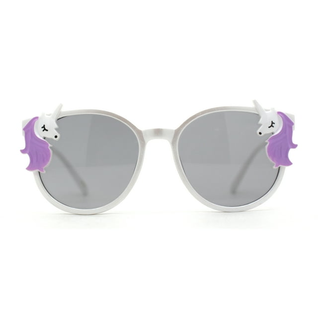 Girls Plastic Unicorn Charm Thin Plastic Round Horn Rim Sunglasses White