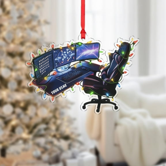 Gamer Acrylic Christmas Ornament with LED Lights PC Desk & Chair Gaming Setup Tree Decor, Personalized Name Video Game Lover Home Keepsake