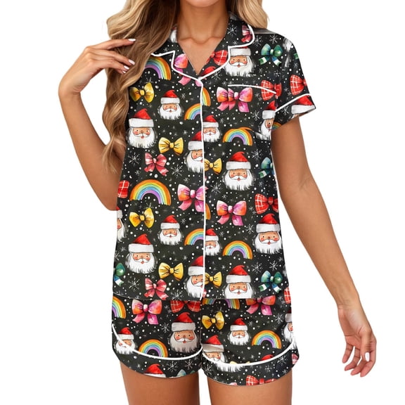 Christmas Pajama for Women Printed Short Sleeve Button Down Shirt Comfy Shorts Holiday Soft Cozy Loungewear Womens Pjs Black L