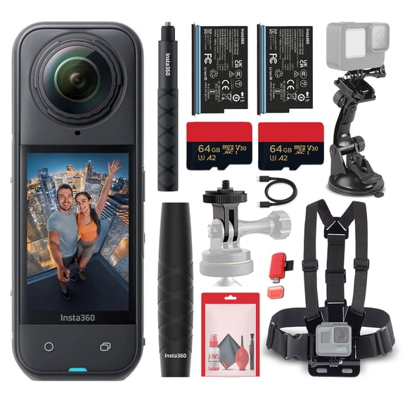 Insta360 X5 8K 360 Waterproof Action Camera | 1/1.28" Sensors, Replaceable Lenses, PureVideo AI, Stabilization (CINSAAHA_X501)   Charger   2 x Battery   Invisible Selfie Stick   More