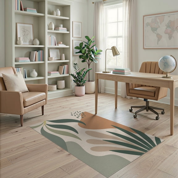 ODIKA 4'x6' Green Beige Earthy Abstract Leaves Washable Area Rug Modern Tropical Design with Organic Shapes Pet Friendly, Non-Shedding for Bedroom, Reading Nook